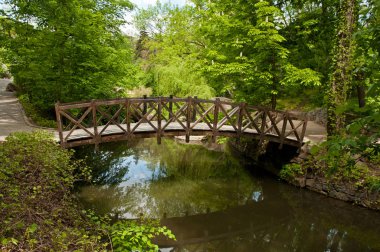 Güzel ahşap yaya köprüsü Sofiyivsky Park Uman, Ukrayna