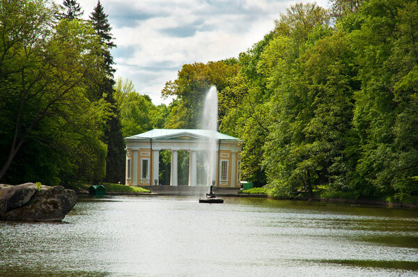 Beautiful fountain on the lake in Sofiyivsky Park in Uman, Ukraine