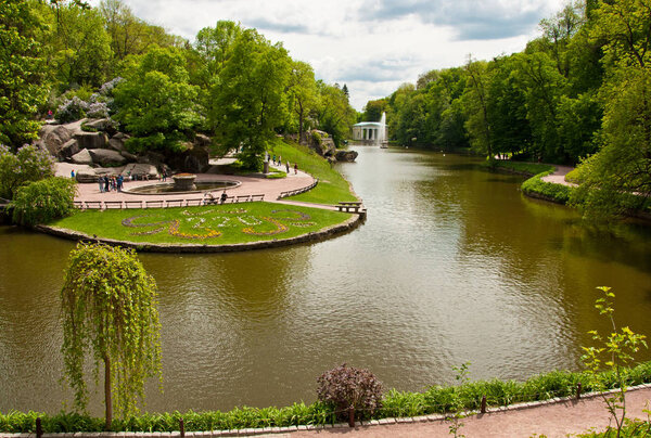 Beautiful view on the lake and fountain in Sofiyivsky Park in Uman, Ukraine