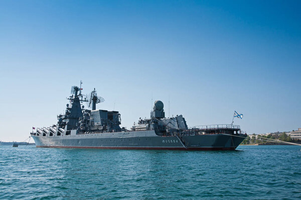 "SEVASTOPOL, CRIMEA, UKRAINE - MAY 06, 2013: Missile cruiser ""Moscow"" (121), the lead ship of guided missile cruisers in the Russian Navy of The Black Sea Fleet of the Russian Navy"