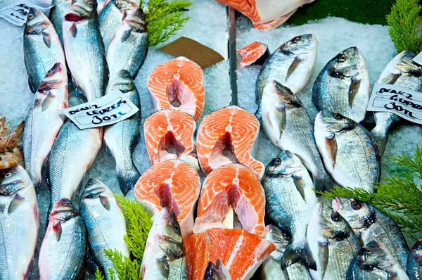 Färsk Röd Lax Fisk Och Dorado Fisk Och Andra Till — Stockfoto