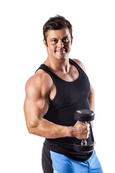Hombre atlético sexy mostrando cuerpo muscular con mancuernas, aislado sobre fondo blanco . —  Fotos de Stock
