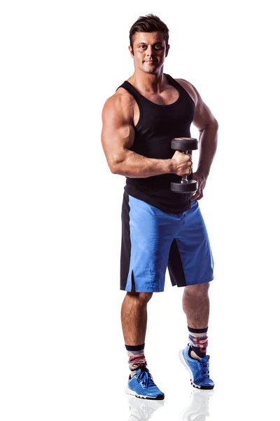 Sexy athletic man showing muscular body with dumbbells, full length, isolated over white background. — Stock Photo, Image