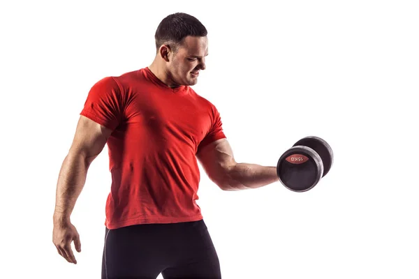 Sexy atletico uomo mostrando corpo muscolare con manubri, isolato su sfondo bianco . — Foto Stock