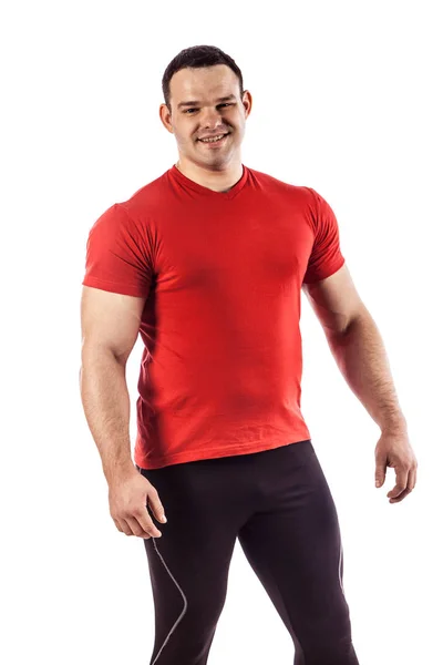 Szexi sportos férfi bemutató izmos test, elszigetelt fehér háttér felett. — Stock Fotó