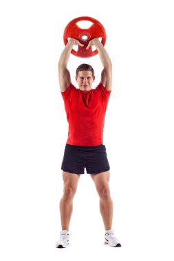 Kaslı adam dumbbells ile beyaz adam yapıyor