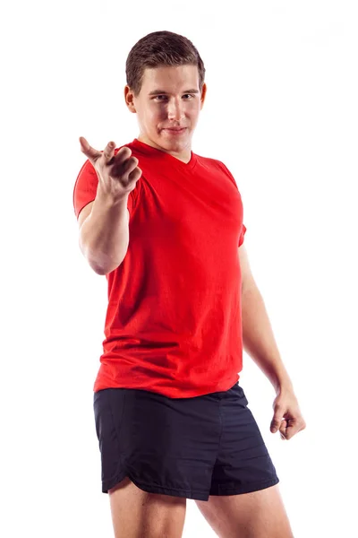 Muscle man posing in studio, isolated over a white background — Stock Photo, Image