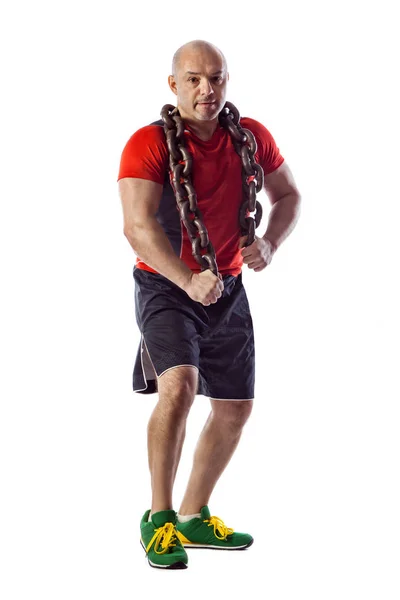 Mature male doing exercises with weights. Isolated on white — Stock Photo, Image