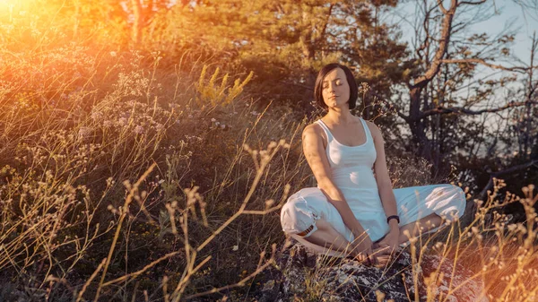 Vacker gravid kvinna gör prenatal yoga på naturen utomhus. — Stockfoto