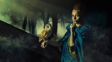 Güzel kırmızı saçlı cadı ile beyaz baykuş.