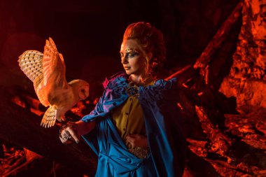 Güzel kırmızı saçlı cadı ile beyaz baykuş.