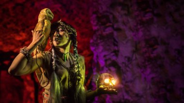 Beyaz baykuş ve kafatası el ile güzel cadı.