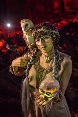 Beyaz baykuş ve kafatası el ile güzel cadı.