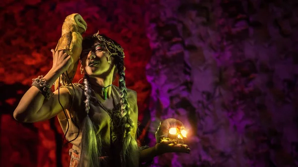 Beyaz baykuş ve kafatası el ile güzel cadı.