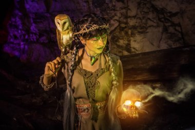 Beyaz baykuş ve kafatası el ile güzel cadı.