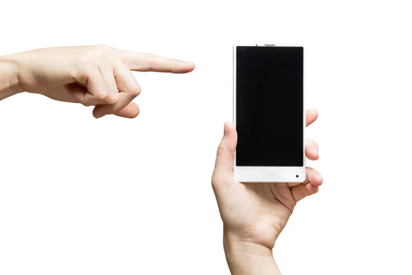 Hand holding white bezelless smartphone with blank screen on white background — Stock Photo, Image