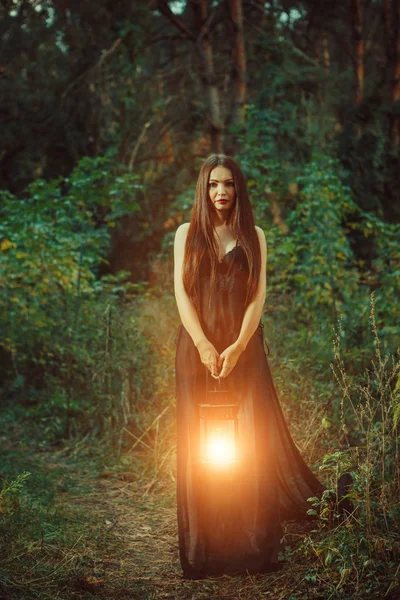 Belle sorcière à la lanterne magique vous invite dans la forêt . — Photo