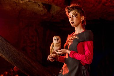 Güzel genç cadı ile beyaz baykuş.