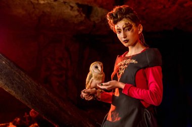 Güzel genç cadı ile beyaz baykuş.