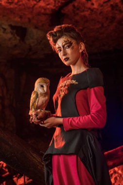 Güzel genç cadı ile beyaz baykuş.