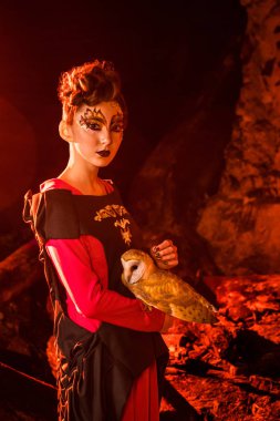 Güzel genç cadı ile beyaz baykuş.