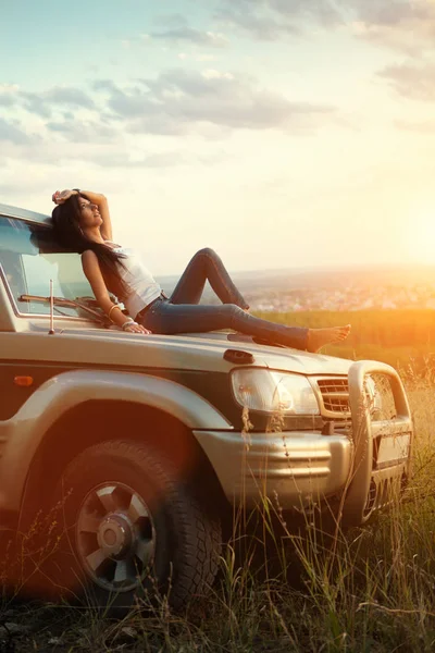 Attractive Yong Woman Lying Car Hood Looking Sunset Rural Evening — Stock Photo, Image