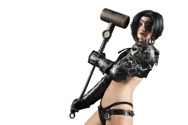 Powerful Fantasy Woman Steel Mechanical Arm Blacksmith Hammer Isolated White — Stock Photo, Image