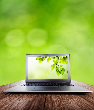 Yeşil yaprakları ile modern dizüstü bilgisayar