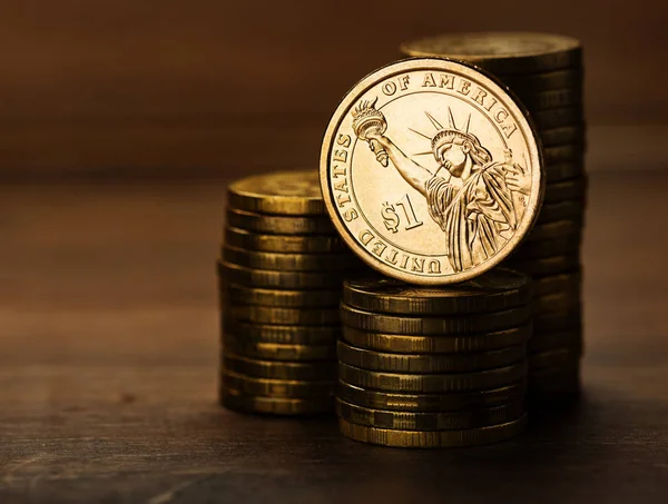 Pièce Dollar Argent Sur Bureau Pile — Photo