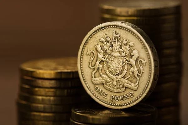 Pound Sterling Coin Money Desk Stack Selective Focus — Stock Photo, Image