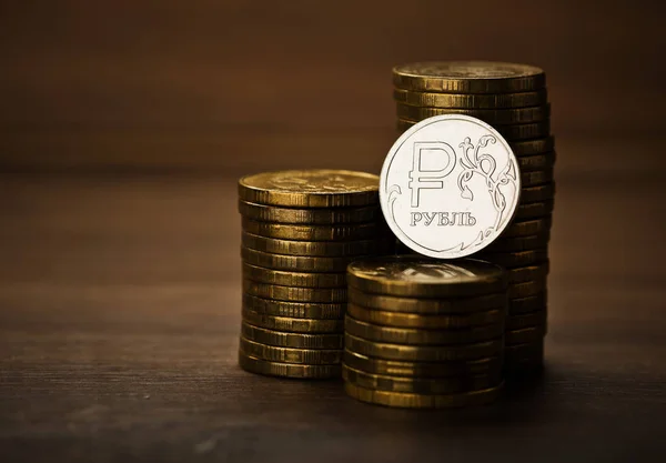 Russian Rouble Coin Money Desk Stack — Stock Photo, Image