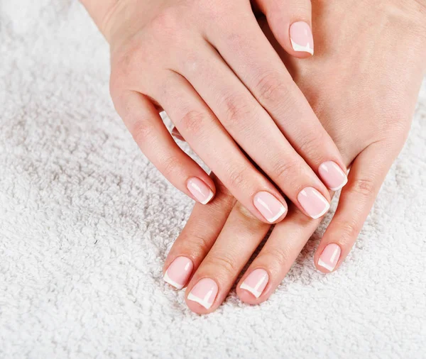 French Manicured Hands White Towel — Stock Photo, Image