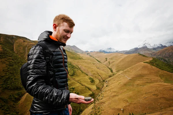 Handsome Young Caucasian Blond Man Using Compass Mountains — Stock Photo, Image