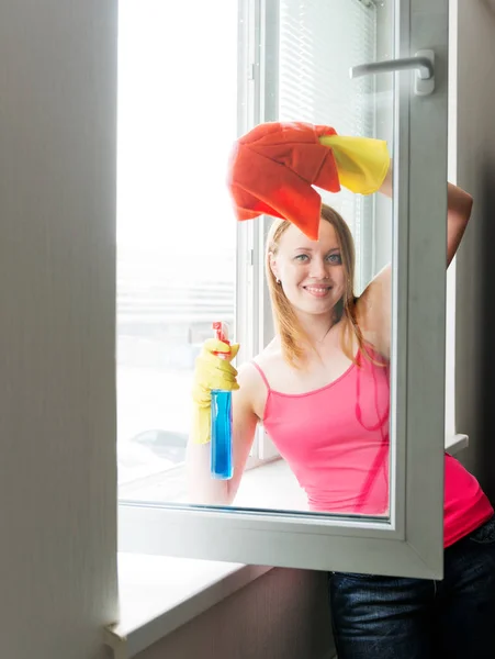 Happy Young Woman Housewife Washes Windo — Stock Photo, Image