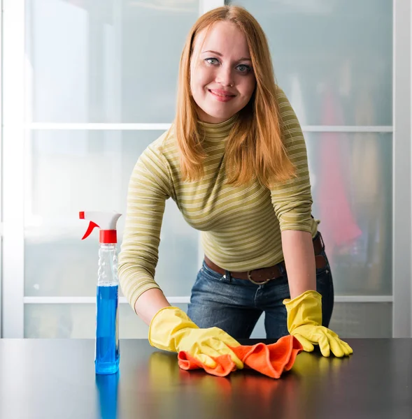 Happy Girl Cleaning Table Furniture Polish Hom — Stock Photo, Image