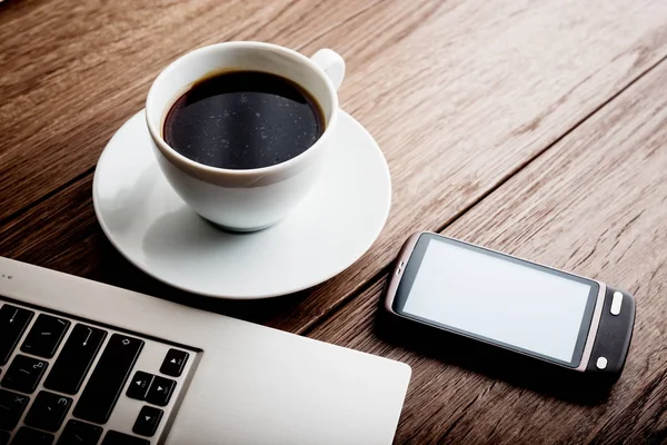 Office Workplace Open Laptop Wooden Desk Phone Cup Coffe — Stock Photo, Image