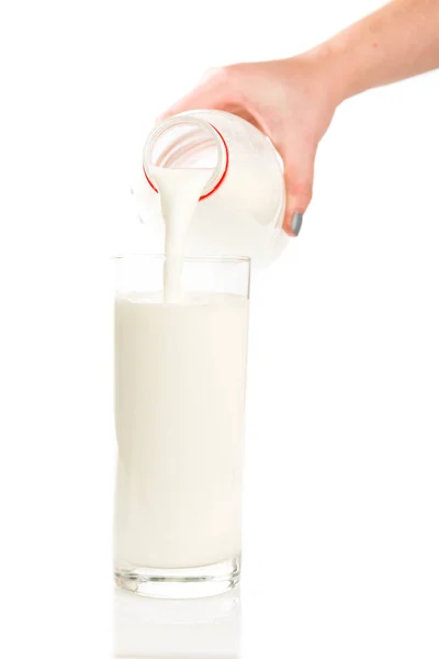 Milk Bottle Pouring Glass Isolated White — Stock Photo, Image