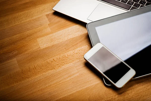 Laptop Smartphone Tablet Computer Wooden Desk — Stock Photo, Image