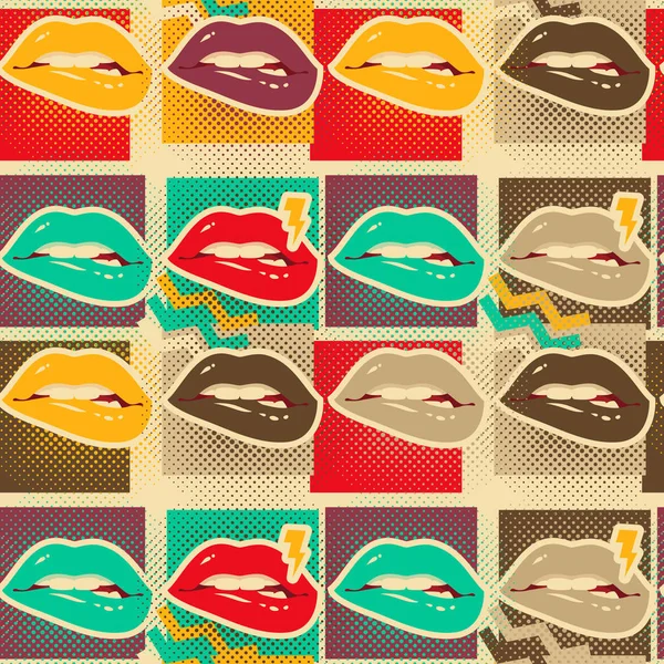 Pop art labios copias patrón sin costura — Vector de stock