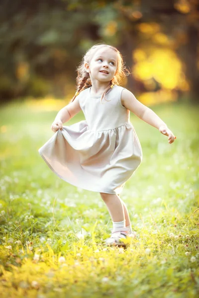 Funny girl on sunny meadow — Stok fotoğraf
