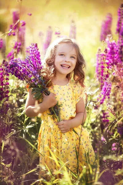 Schönes Kleines Mädchen Mit Lila Blüten Auf Der Sommerwiese — Stockfoto