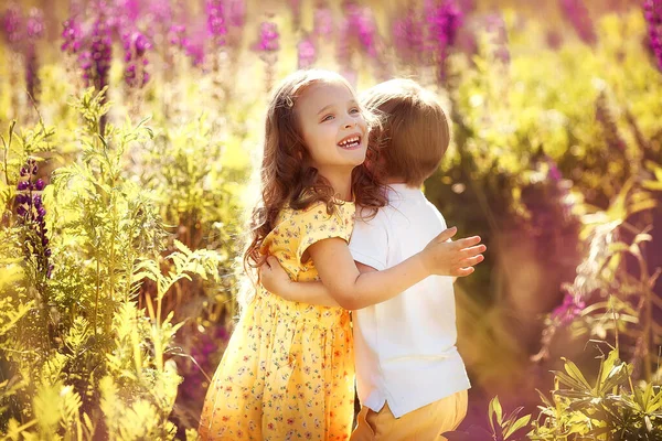 Menino Menina Gêmeos Felizes Prado Ensolarado Com Flores Verão — Fotografia de Stock