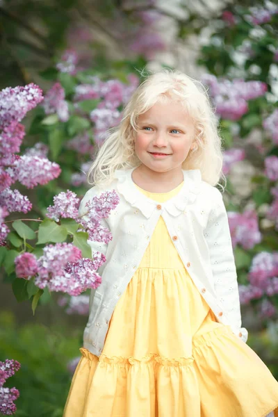 Beautiful Little Girl Blonde Curly Hair Spring Blooming Garden — Stock Photo, Image