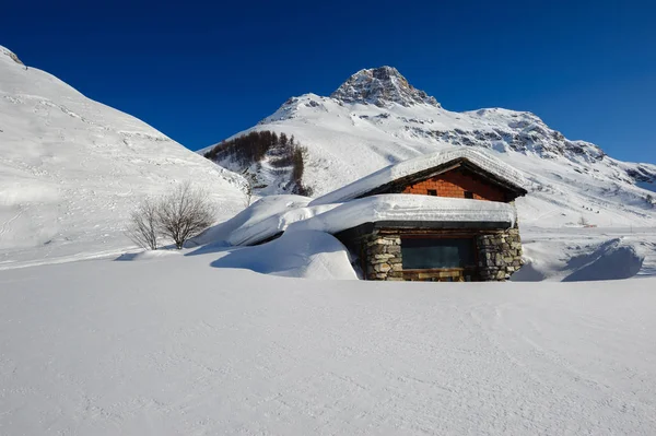Альпийские дома, покрытые снегом — стоковое фото