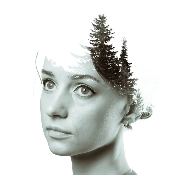 Double exposure black and white toned portrait of woman and pine forest — Stock Photo, Image