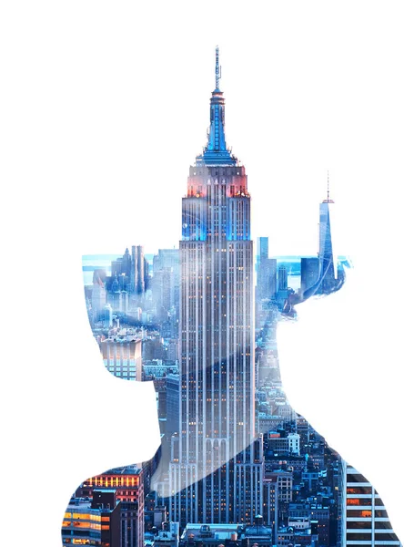 Double exposure portrait of woman and New York City skyline — Stock Photo, Image