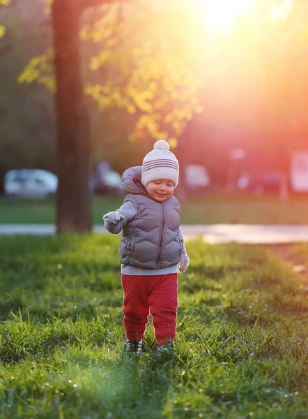 Junge auf Parkwiese bei Sonnenuntergang — Stockfoto