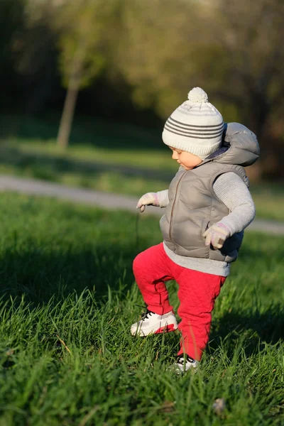 Boy wearing vest jacket at park meadow. — Stock Photo, Image