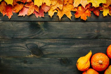 Wooden planks with autumn leaves and pumpkins