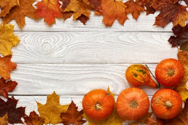 Sonbahar yaprakları ve eski ahşap arka plan üzerinde kabaklar 